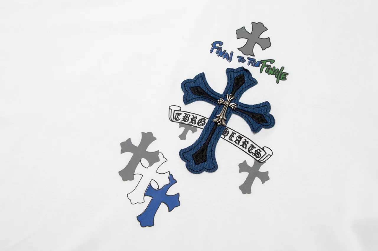 P170 Chrome Hearts Chrome Hearts Cross Metallic Denim Splicing Short Sleeves Size: SMLXL Color: White Black